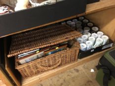 A shelf of assorted, to include mugs and a wicker hamper etc.