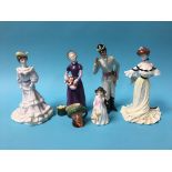 A Royal Doulton 'Morning Ma'am', 'Good Day Sir' and two Coalport figures etc. (6)