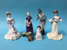 A Royal Doulton 'Morning Ma'am', 'Good Day Sir' and two Coalport figures etc. (6)