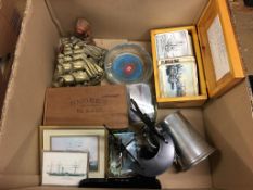 A box of assorted, to include shipping tankards, ashtrays etc.