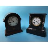 A Victorian slate mantel clock and a mahogany eight day clock by Gilbert