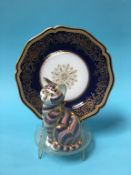 A Royal Crown Derby 'Cat' paperweight and a collection of Limoges, Maling and Shelley plates