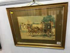 Albert Ludovici (1852 - 1932), watercolour, signed, 'Coach and horses racing past the Harvesters',