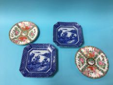 A pair of Japanese blue and white plates and a pair of Canton style plates