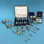 A cased set of silver spoons and loose silver spoons etc.
