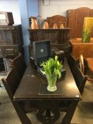 An oak six piece dining room suite and a hanging corner cabinet