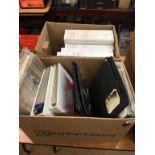 Two boxes containing a collection of shipping postcards, photos etc.
