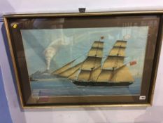 19th century, watercolour, unsigned, 'British sailing vessel with Mount Vesuvius in the distance',
