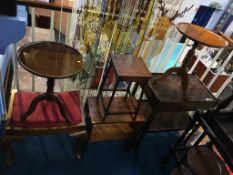 An oak tea trolley, walnut stool and three occasional tables