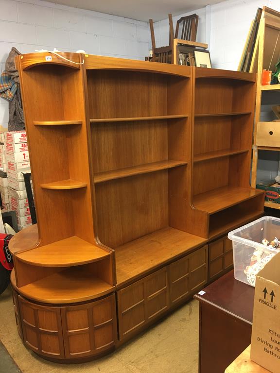 Seven piecesof teak, wall units, corner cabinets, high back sideboard etc.