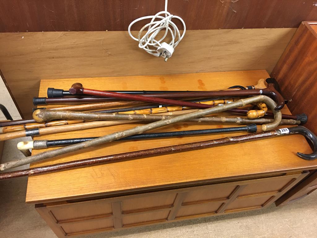 A collection of walking sticks and canes