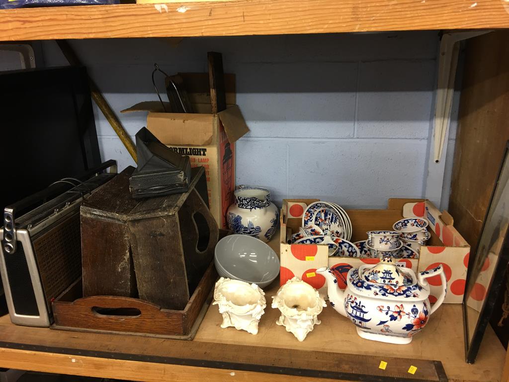 A shelf of assorted, to include a Victorian part tea set