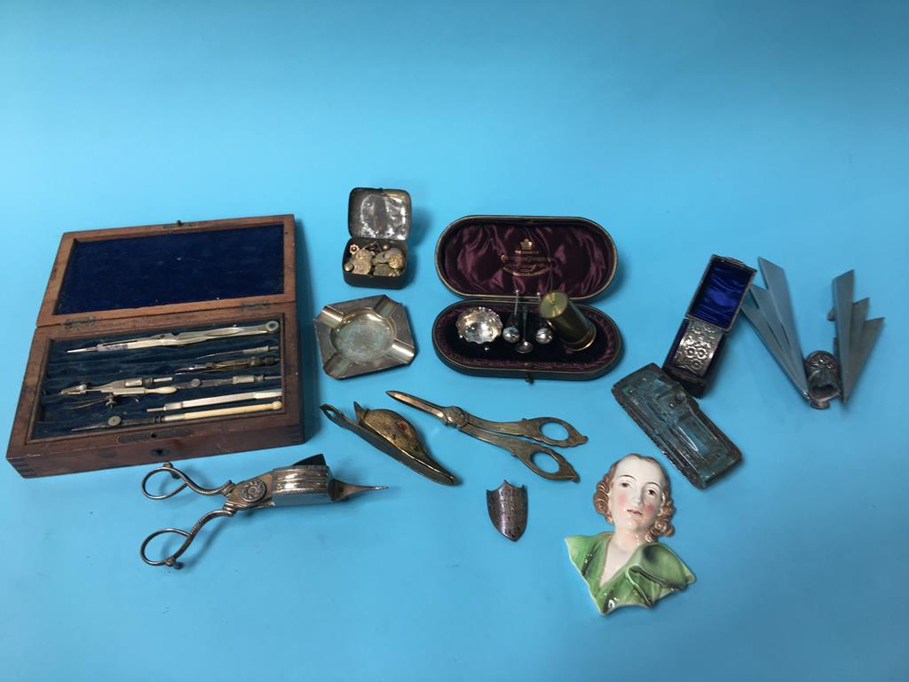 A box of assorted, to include grape scissors, a silver ashtray etc.