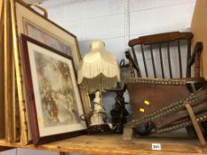 A shelf of assorted to include lamps, mirror, musical inlaid table etc.