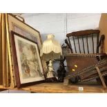 A shelf of assorted to include lamps, mirror, musical inlaid table etc.