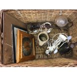 A wicker hamper and contents and prints etc.