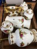 A collection of Royal Albert Old Country Roses china and a table lamp