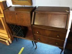 A walnut cocktail cabinet and a small walnut bureau