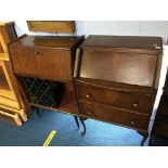 A walnut cocktail cabinet and a small walnut bureau