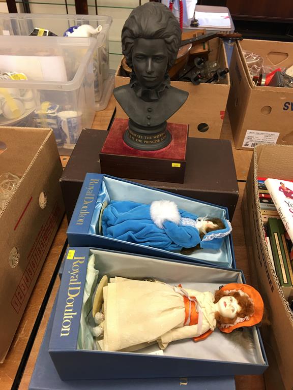 Two Royal Doulton dolls and a bust of Princess Anne