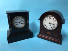 A Victorian slate mantle clock and a mahogany clock