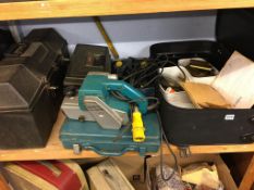 Assorted power tools and clock parts etc.