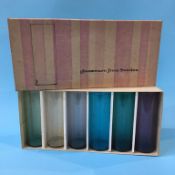 A boxed set of six coloured Swedish glasses