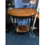 A late 19th century oval two tier etagere, with parquetry and marquetry top and metal mounts, 55cm