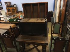 An oak drawer leaf table and four Edwardian chairs etc.