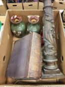 A box of assorted, to include Royal Doulton flambe and pair of Langley vases etc.