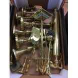 Assorted brassware to include fire irons etc.