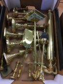 Assorted brassware to include fire irons etc.