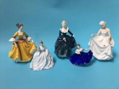 Four Royal Doulton figures and one Coalport