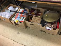 Four boxes of pressed glass, Millers Collectables books, warming pan etc.