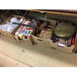 Four boxes of pressed glass, Millers Collectables books, warming pan etc.