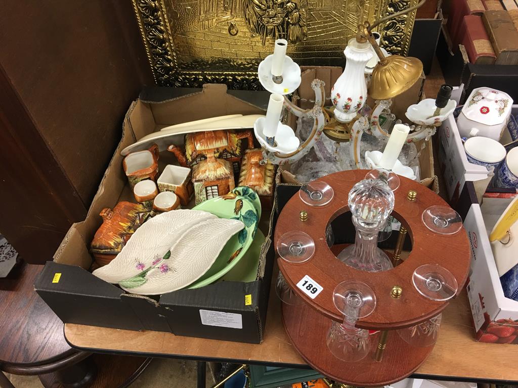 Two boxes of assorted and a sherry decanter and glass set
