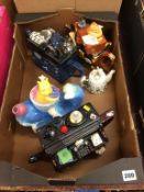 Two boxes of assorted, to include novelty teapots, silver plated wares, Victorian teapot and stand