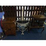 A walnut cabinet, metal work table and nest of tables etc.