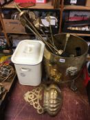 An enamel bread bin, a brass coal bucket and fire tongs etc.