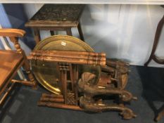 A carved elephant table, a brass folding table and a carved two tier occasional table