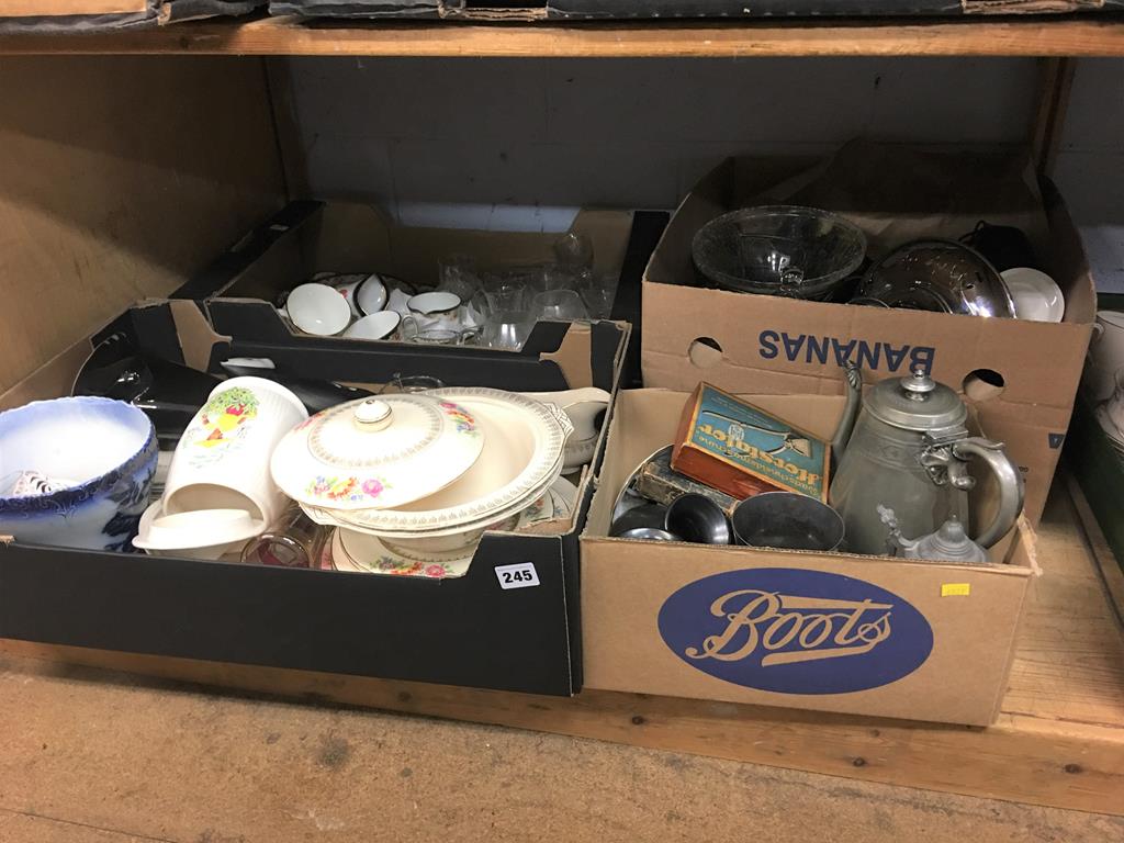 Four boxes of assorted, to include glassware and silver plate etc.