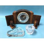 A pair of Elephant bookends, an Orrefors glass vase, a walnut clock etc.