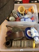 Two trays of assorted, to include a mantle clock, glassware and china etc.