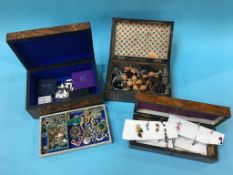 Three walnut boxes of costume jewellery