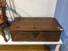 An 18th century carved oak bible box, 66cm wide