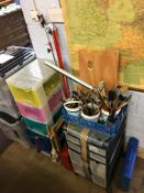 A quantity of Artists materials including brushes, easel etc.