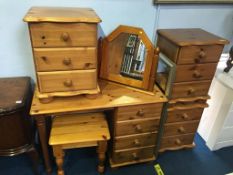 Three pine bedside drawers and a dressing table etc.