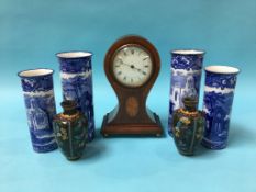 An Edwardian balloon clock, a pair of Cloisonné vases and four Abbey blue and white vases