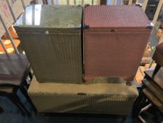 A gold Lloyd Loom linen box, an ottoman and a pink basket weave linen box