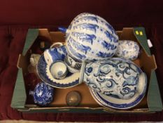 A box of blue and white china etc.